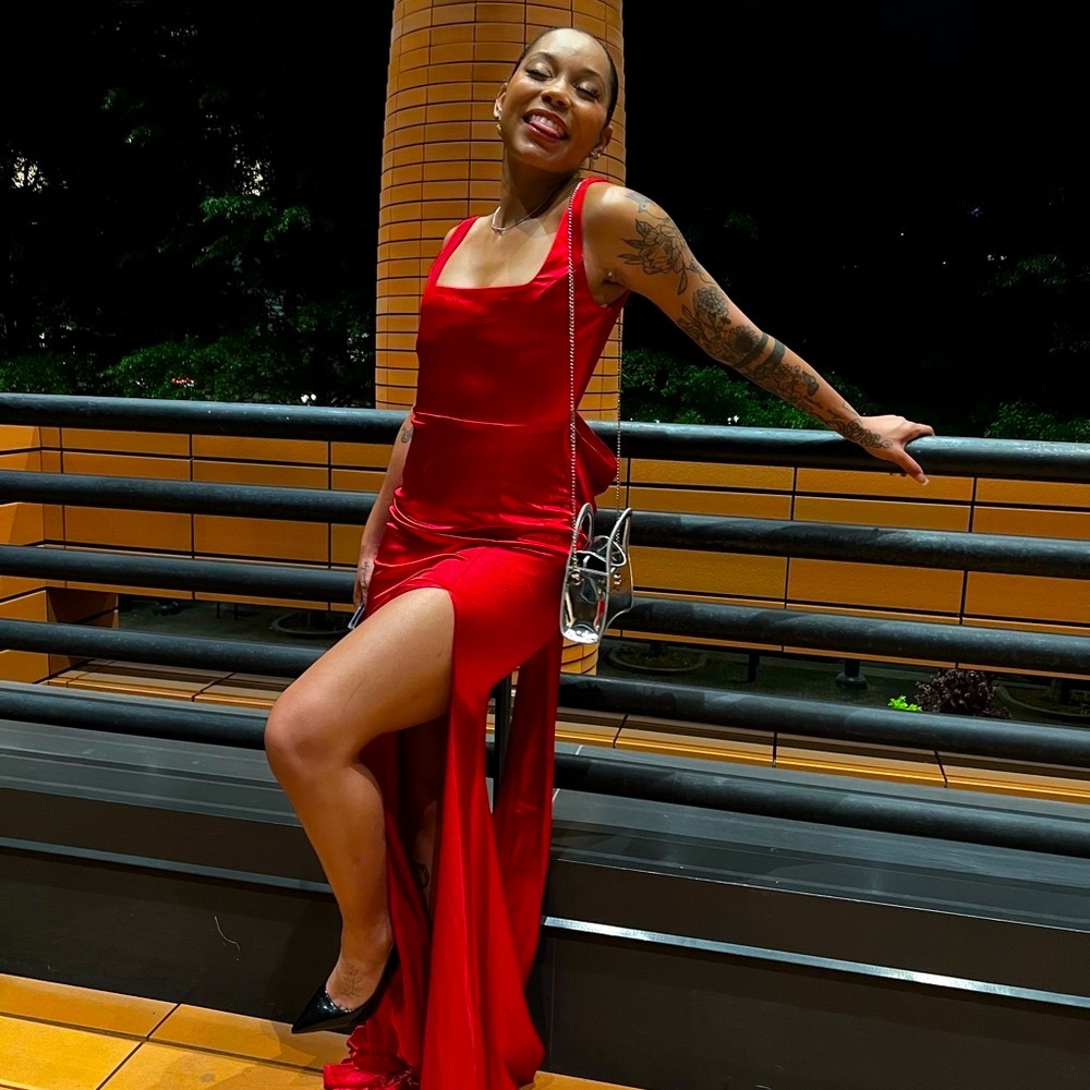 Elegant Red Satin Gown with High Slit